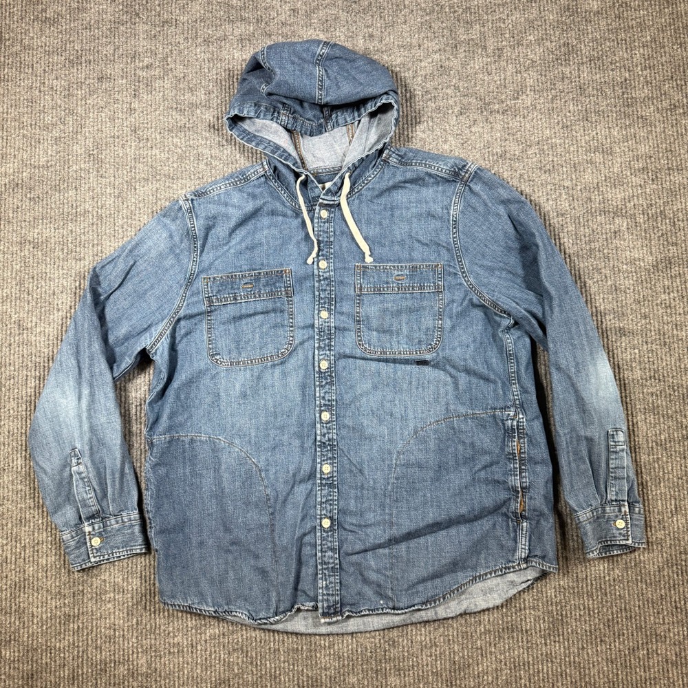 American Eagle Mens XXL Blue Denim Hooded Button Up Shirt Long Sleeve 2900